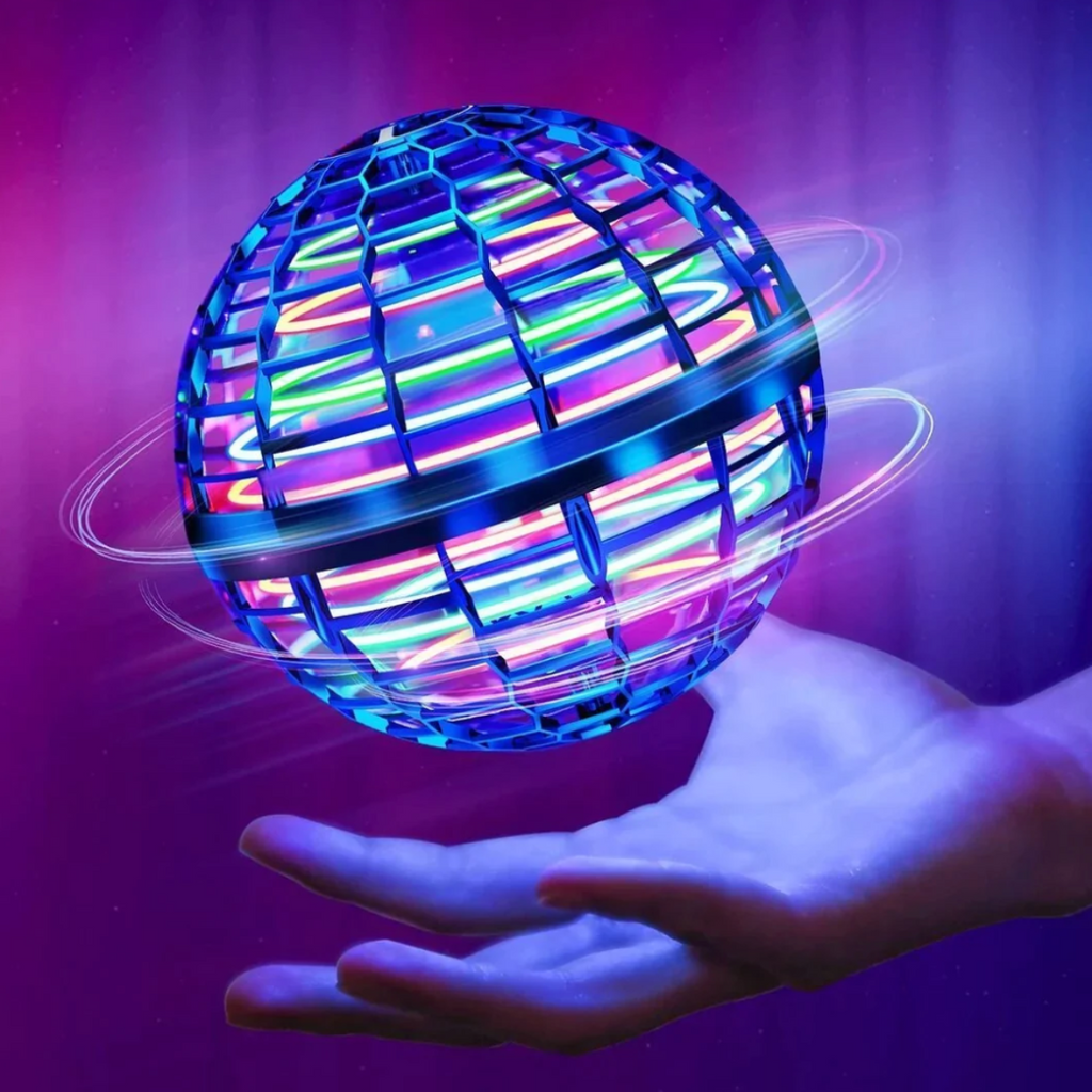 Blue flying orb ball with multicolour LED lights hovering above an open hand
