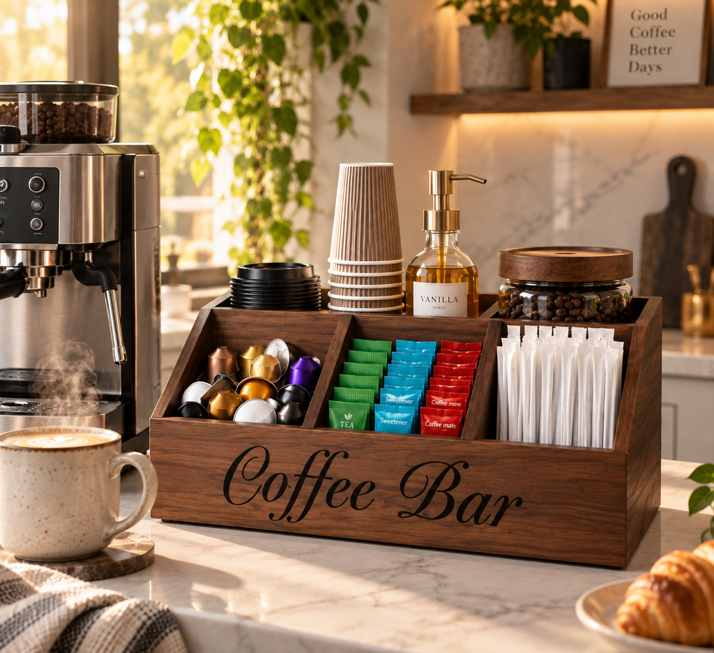 Wooden Coffee Bar Storage Organiser