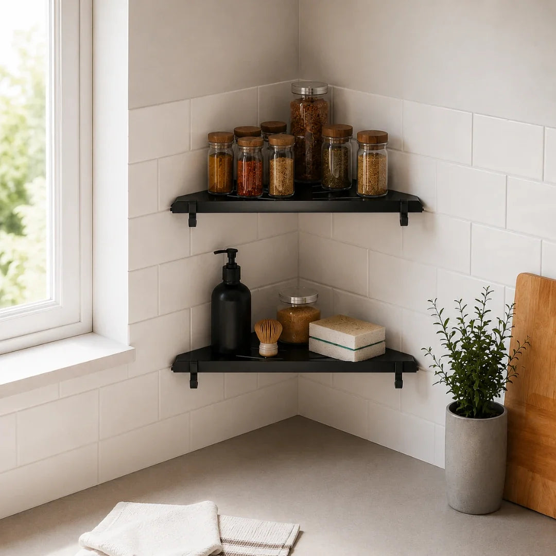 Black Corner Bathroom Shelf, Wall Mounted
