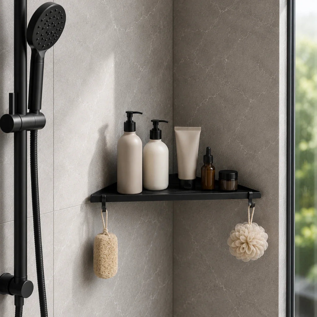Black Corner Bathroom Shelf, Wall Mounted