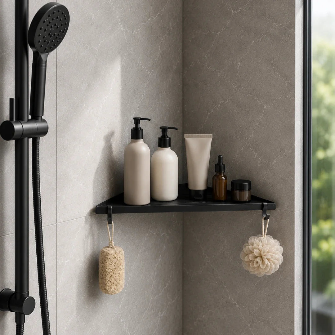 Black Corner Bathroom Shelf, Wall Mounted