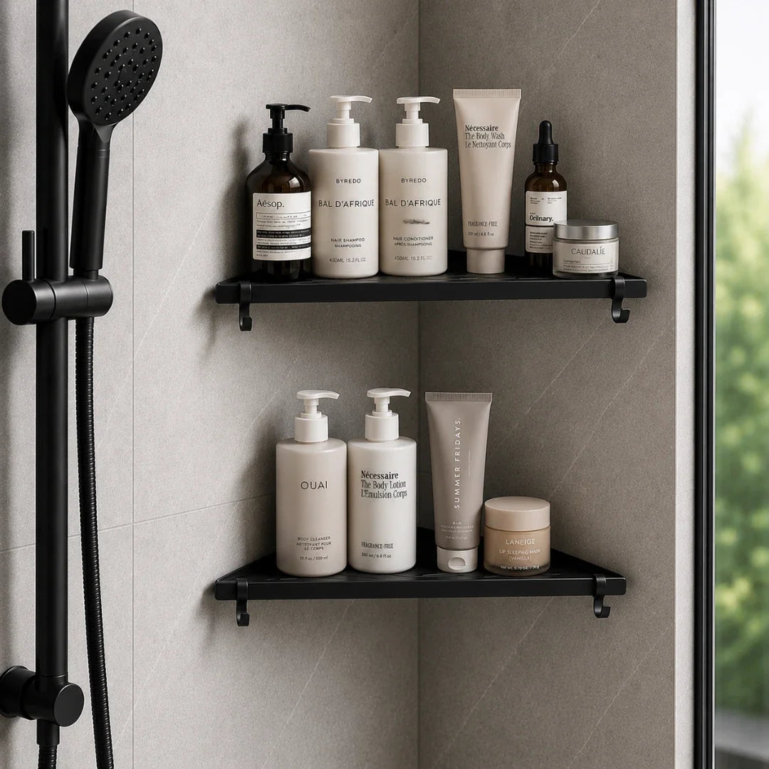 Black Corner Bathroom Shelf, Wall Mounted