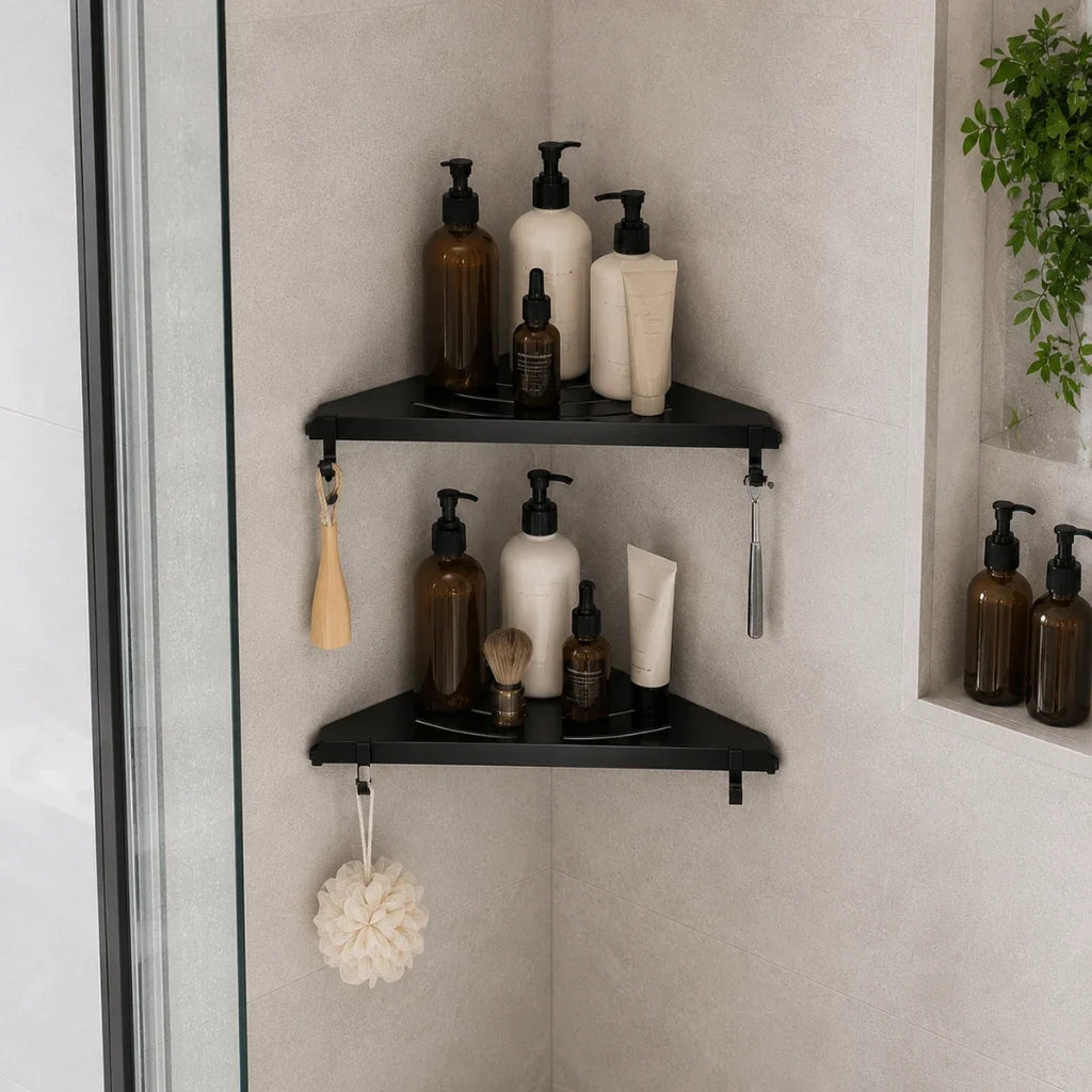 Black Corner Bathroom Shelf, Wall Mounted