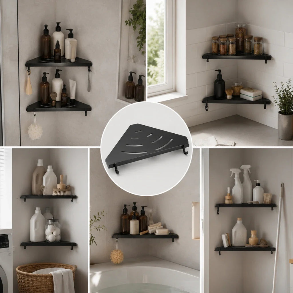 Black Corner Bathroom Shelf, Wall Mounted