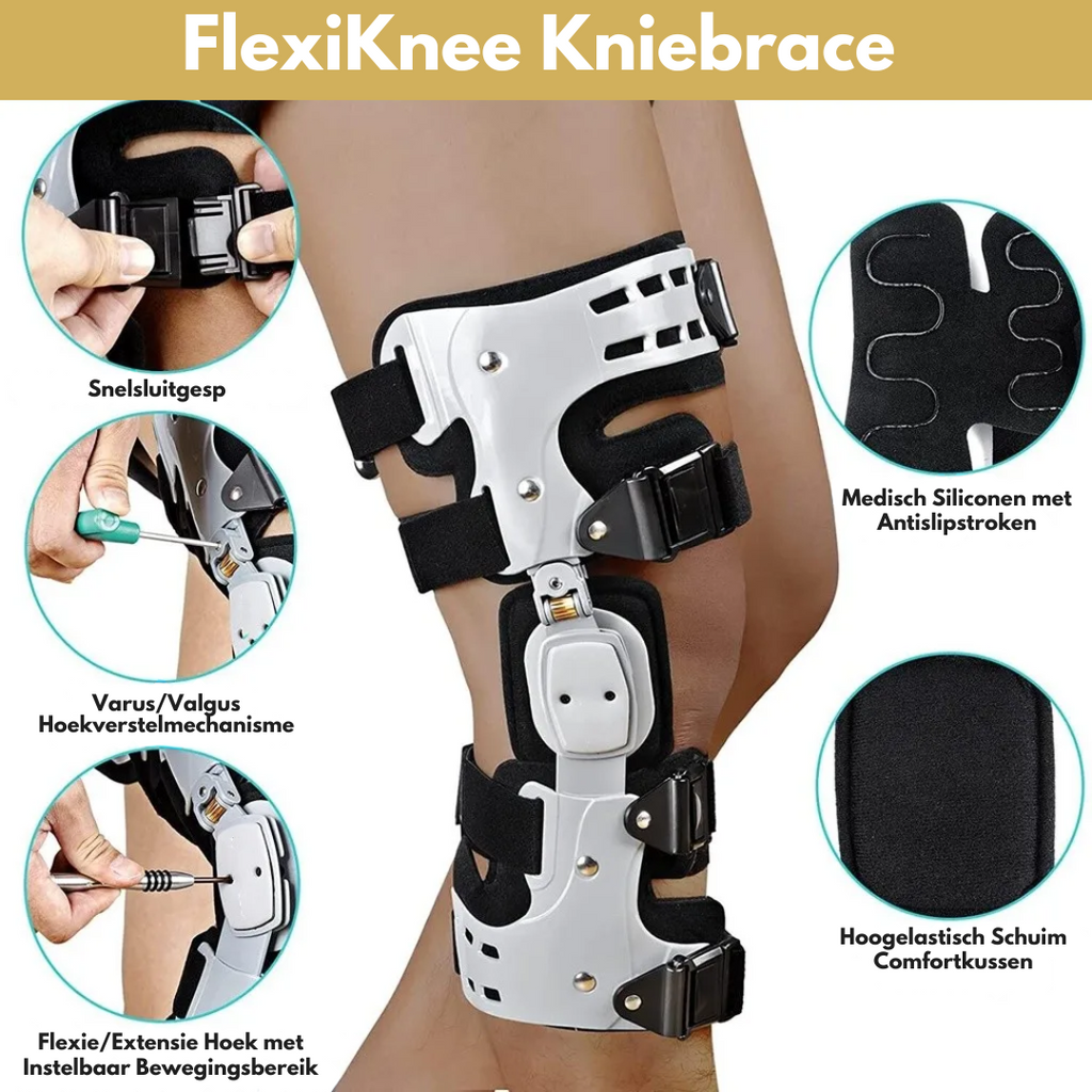 Close-up views of the buckle, hinge adjustment and padded sections of a hinged knee brace
