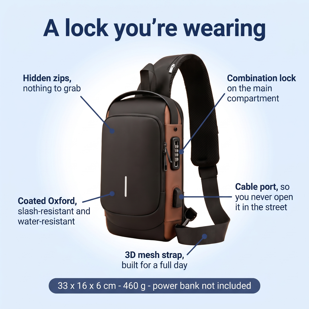 Anti-Theft Crossbody Bag with Lockable Zips for Travel