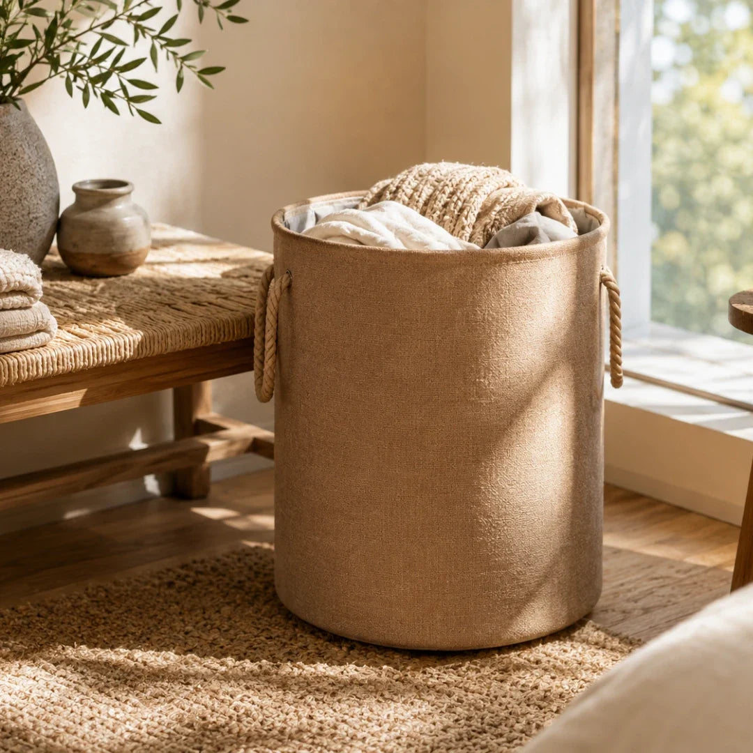 Woven Linen Look Laundry Basket, Foldable
