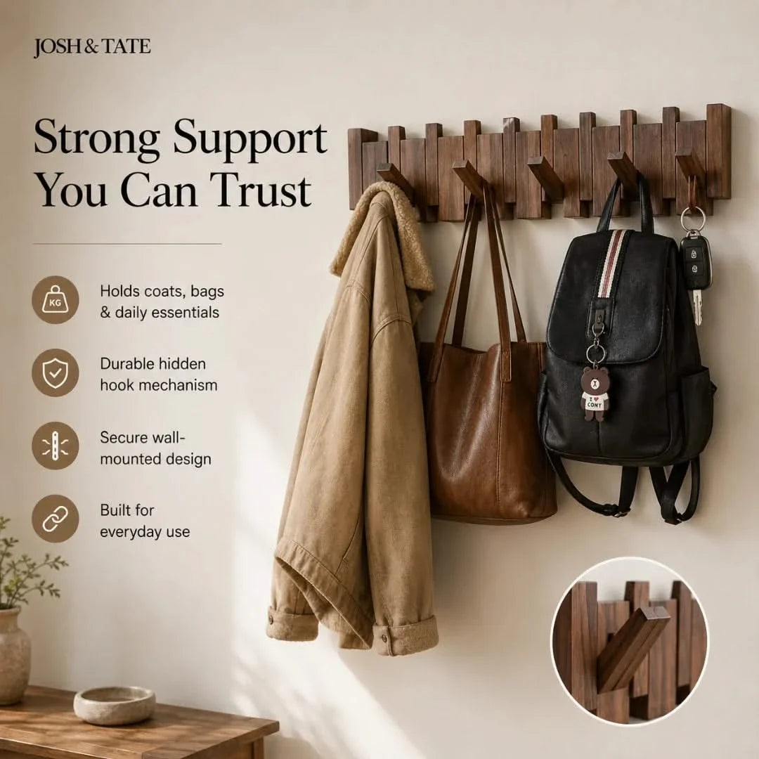Solid Wood Wall Peg Rail, 6 or 8 Hooks