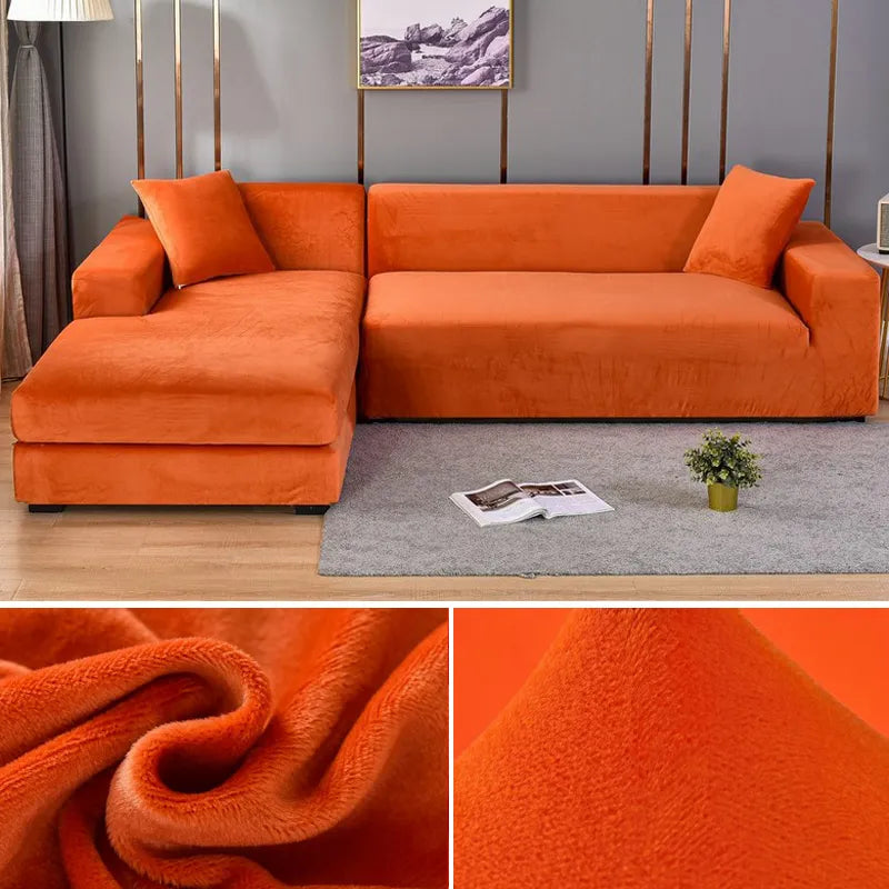 Orange velvet stretch sofa cover on a corner sofa with fabric close-ups