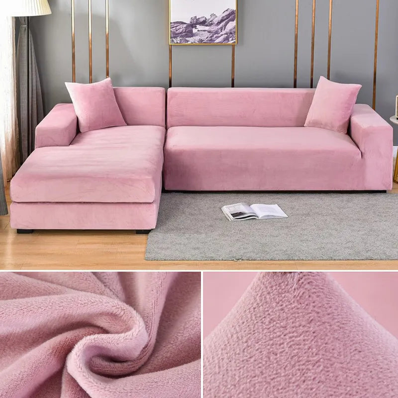 Pink velvet stretch sofa cover on a corner sofa with fabric close-ups