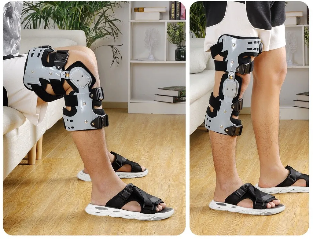 Person wearing a hinged knee brace seated and standing in a living room