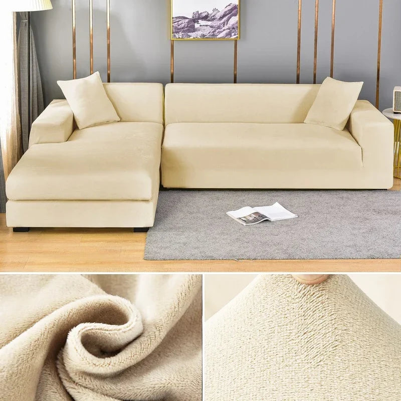 Cream velvet stretch sofa cover on a corner sofa with fabric close-ups