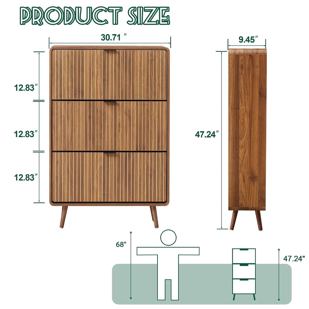 Slim Fluted Shoe Cabinet with 3 Flip Drawers