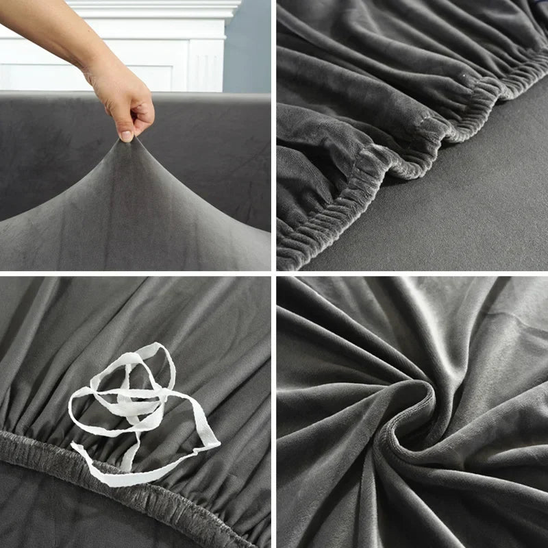 Close-up details of a grey velvet stretch sofa cover with elasticated hem