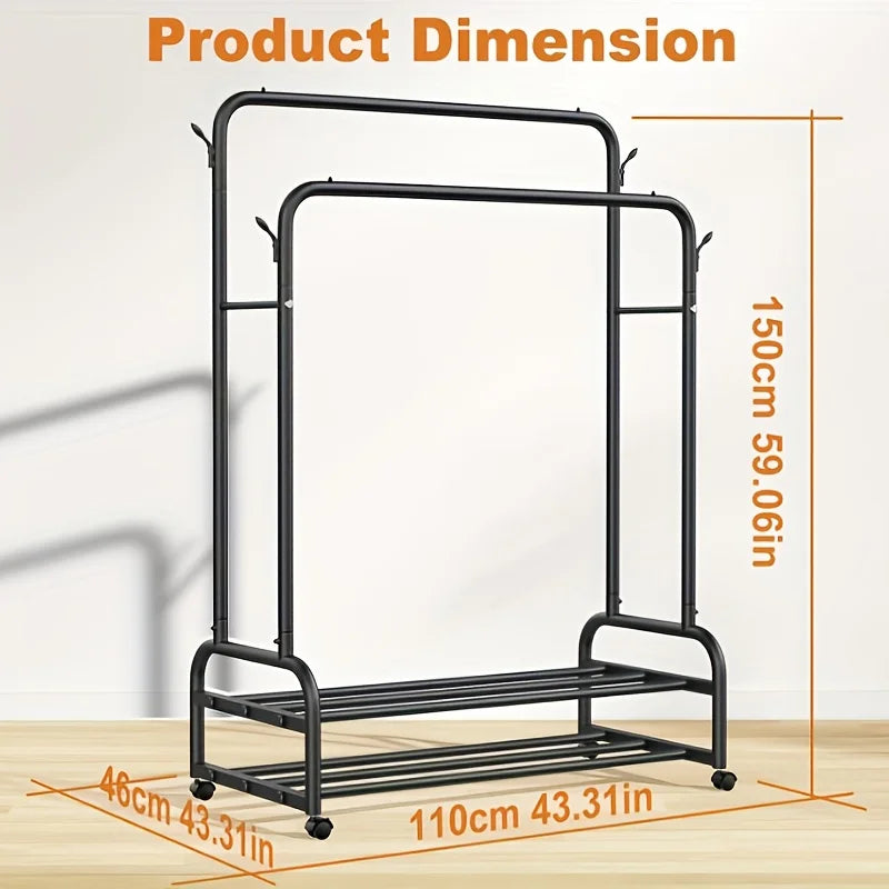 Double-Rod Rolling Garment Rack With Shoe Shelves