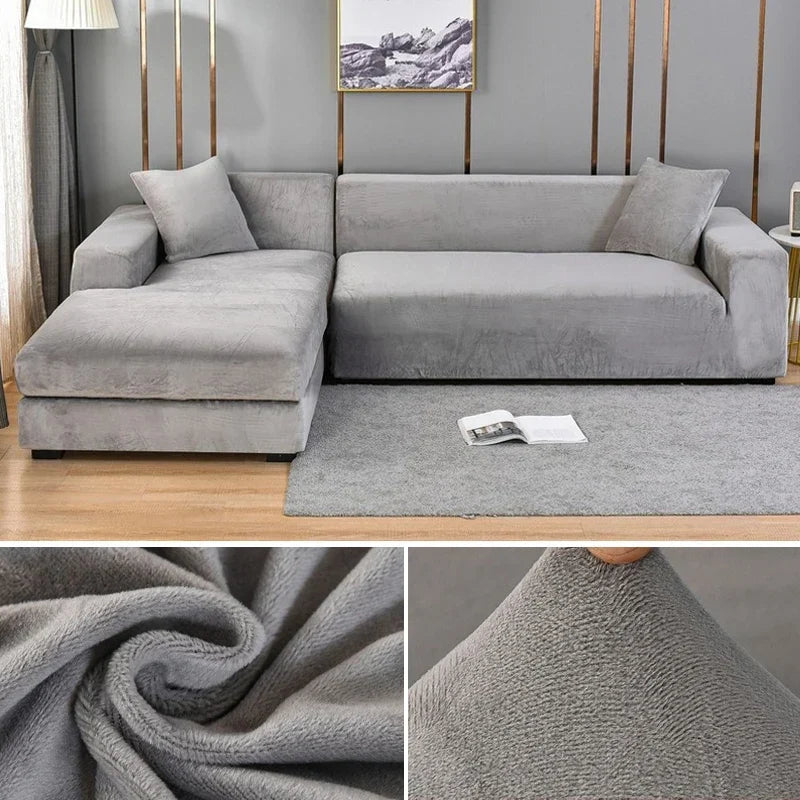 Light grey velvet stretch sofa cover on a corner sofa with fabric close-ups