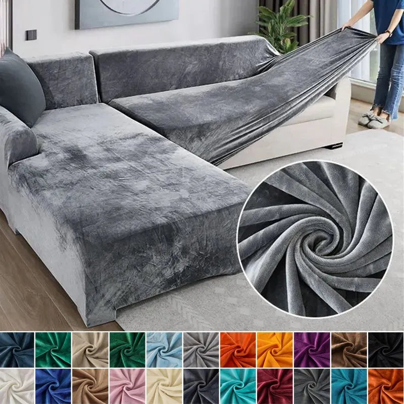 Grey velvet stretch sofa cover on a corner sofa with a close-up of the soft fabric