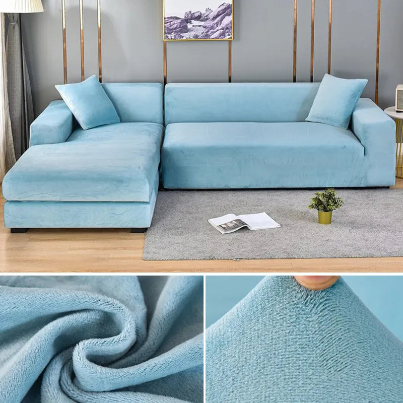Light blue velvet stretch sofa cover on a corner sofa with fabric close-ups
