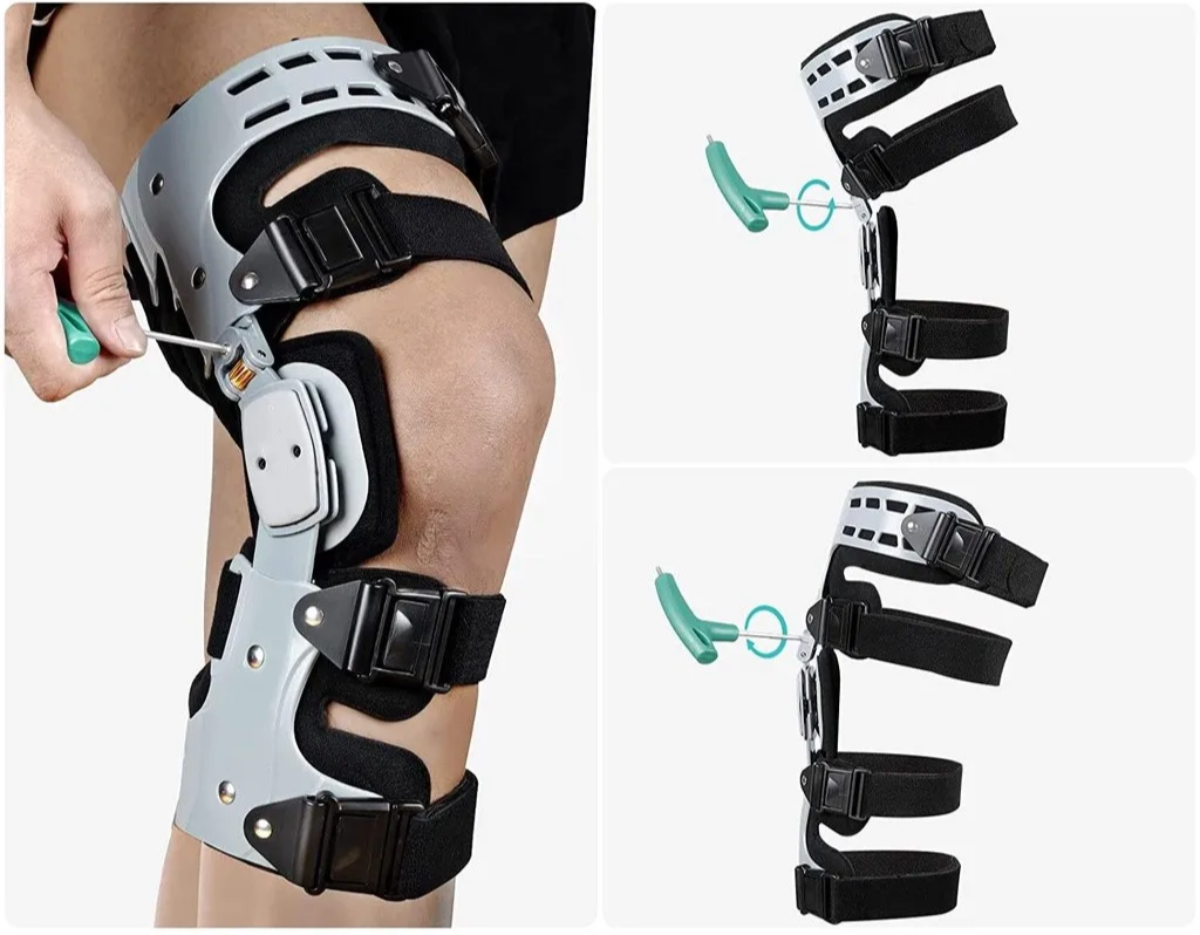 Hinged knee brace being adjusted at the side hinge with a green T-handle tool