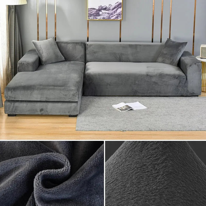 Grey velvet corner sofa cover in a modern living room with fabric texture close-ups