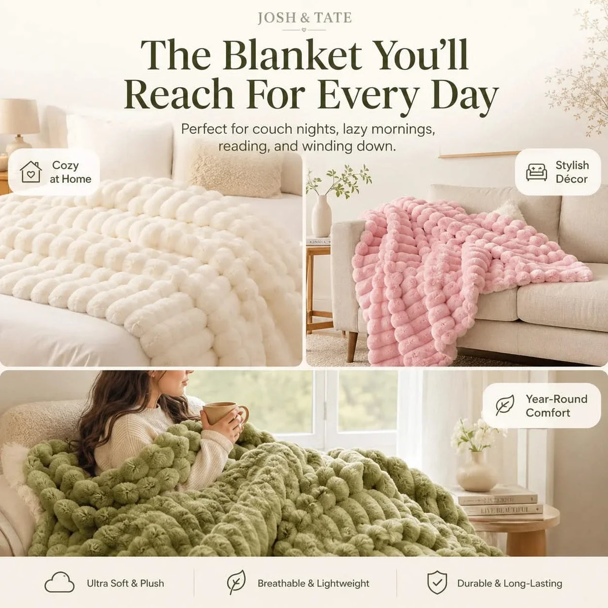 Ribbed Fleece Blanket, Soft Heavy Bed Throw