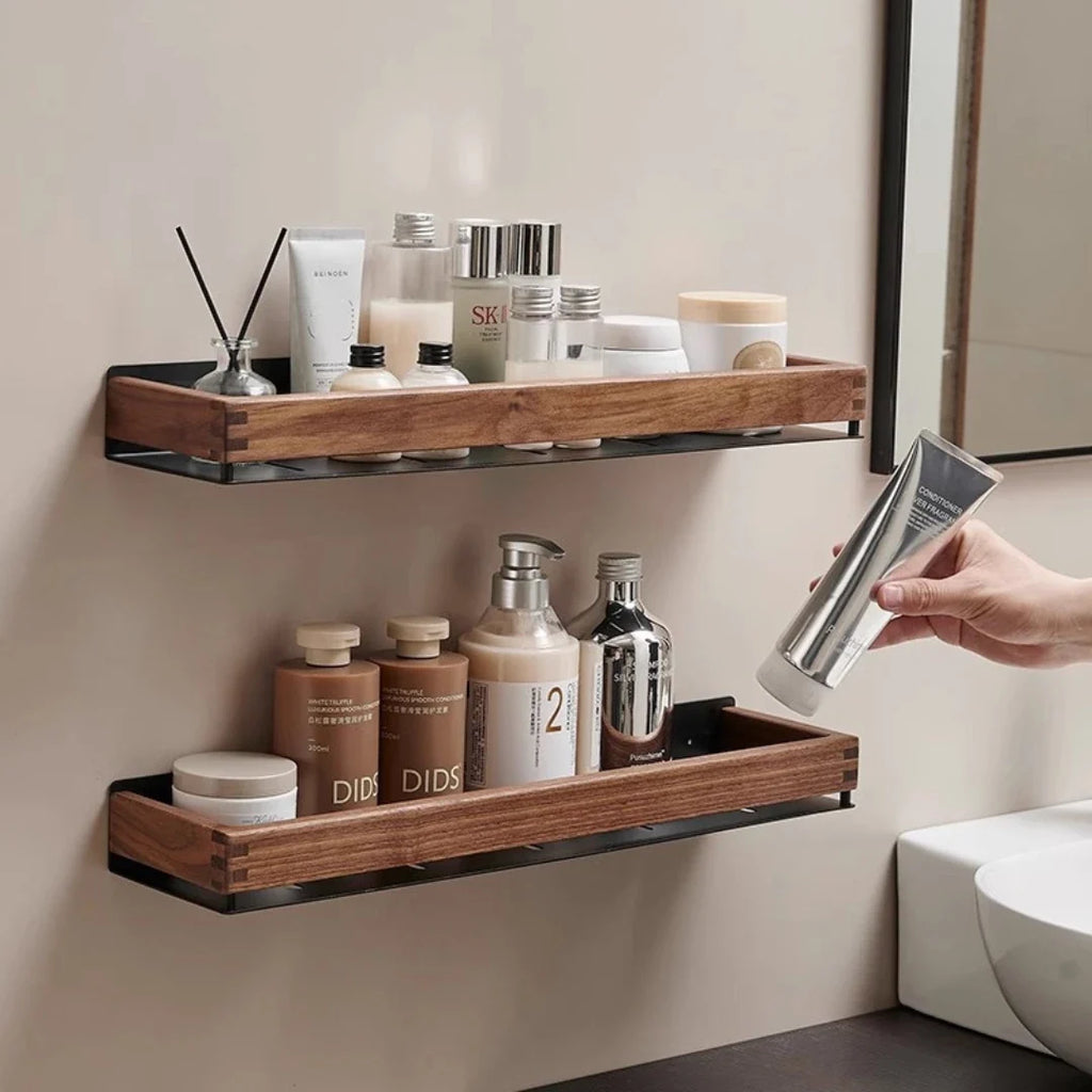 Wooden Wall Shelf with Two Hooks