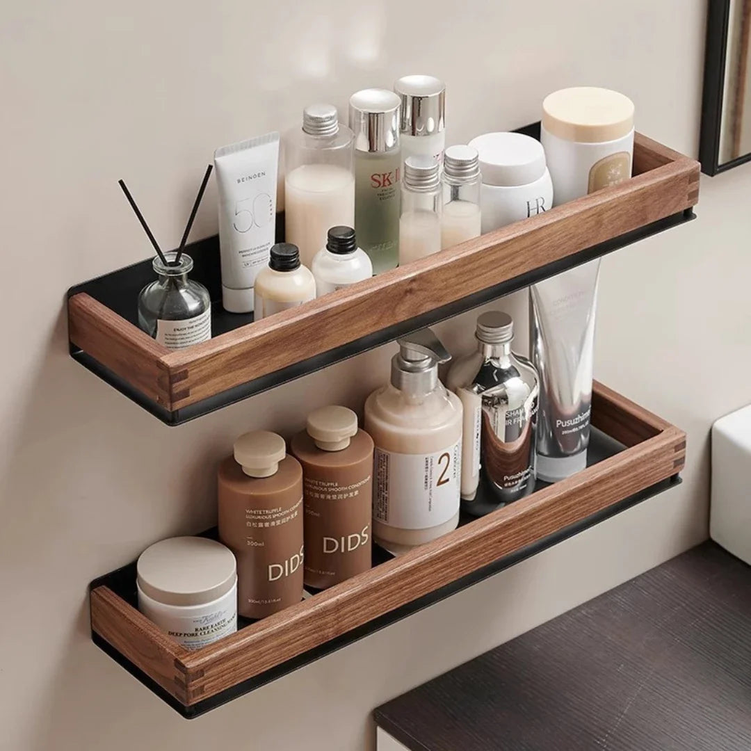 Wooden Wall Shelf with Two Hooks