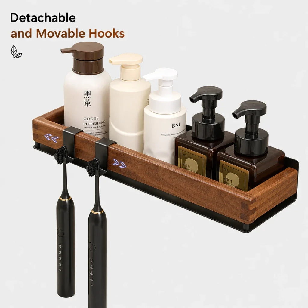 Wooden Wall Shelf with Two Hooks