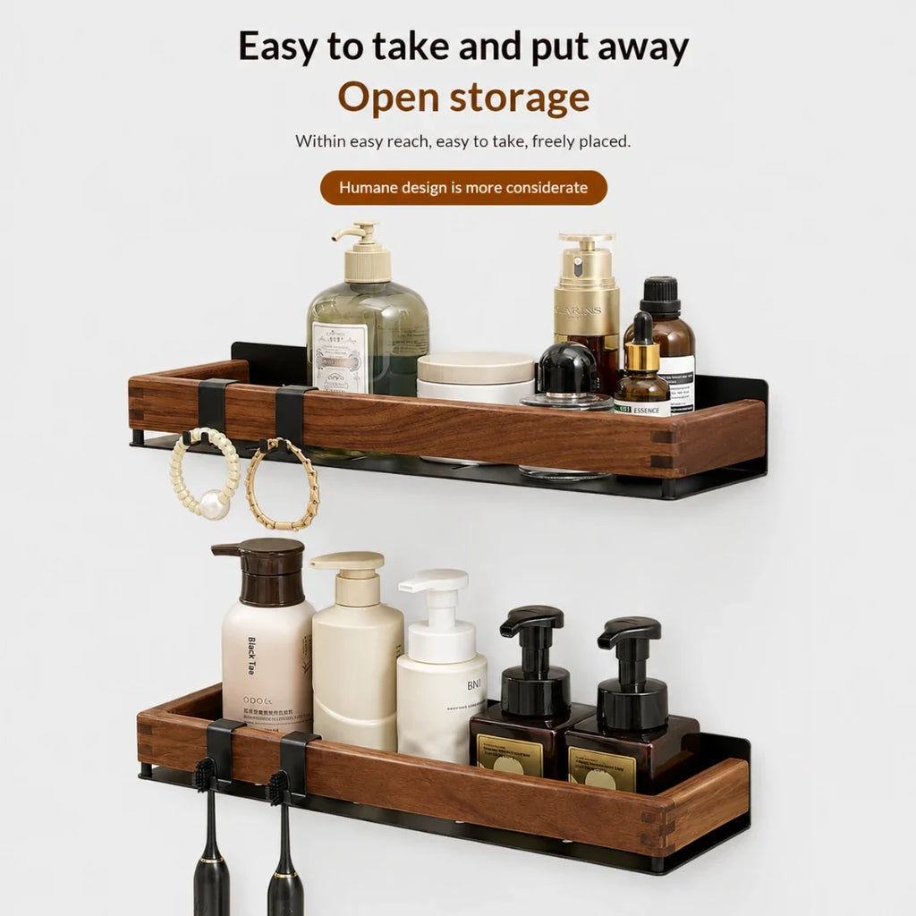 Wooden Wall Shelf with Two Hooks