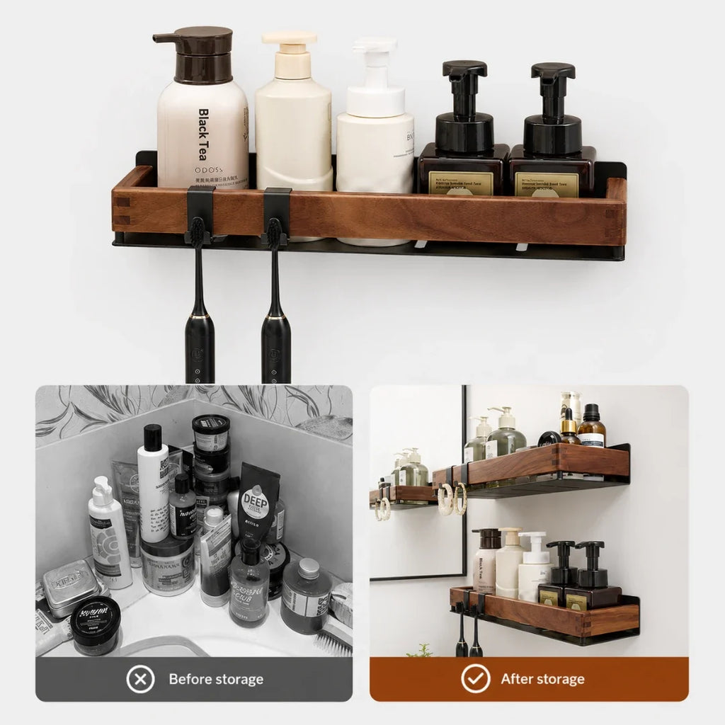 Wooden Wall Shelf with Two Hooks