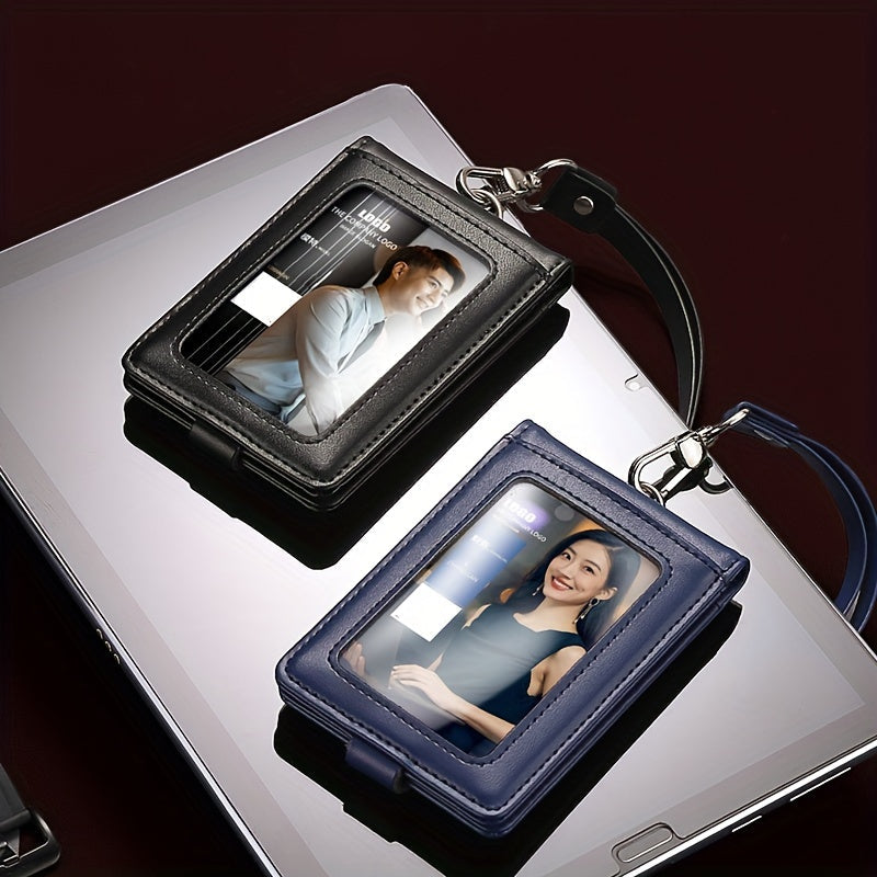 Leather ID Card Holder with Clear Window and Lanyard