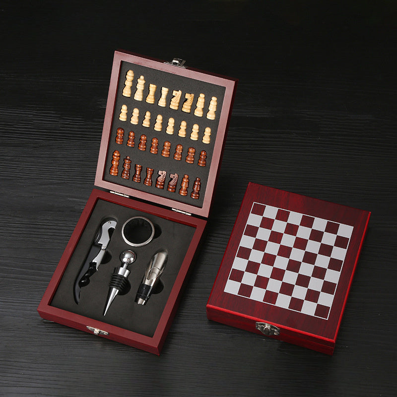 Wooden Chess Set with Wine Accessories Storage Box