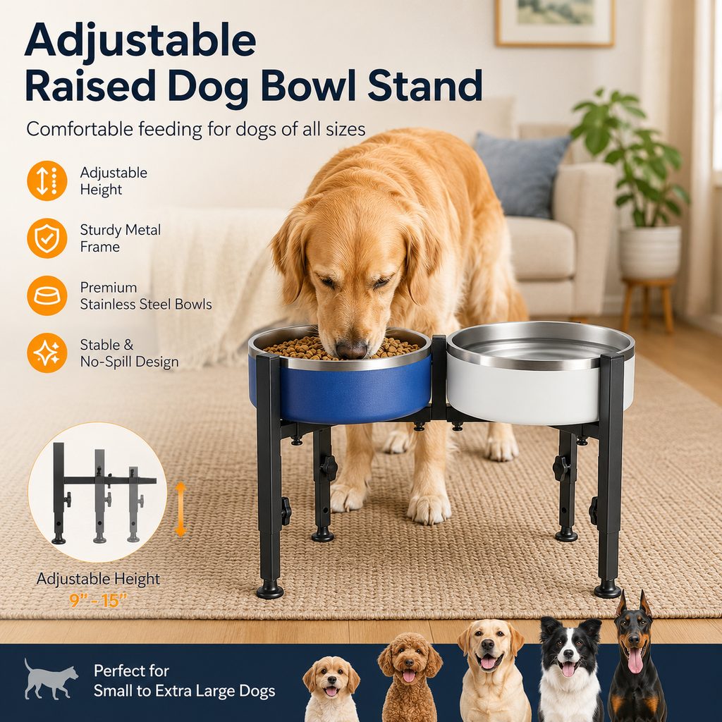 Raised Dog Bowl Stand, Adjustable Height Metal Feeder