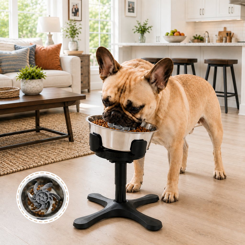 Tilted Raised Dog Bowl, 3-Height Stand with Slow Feeder