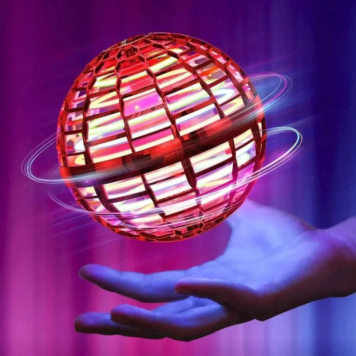 Red flying orb ball with glowing LED lights floating above a hand