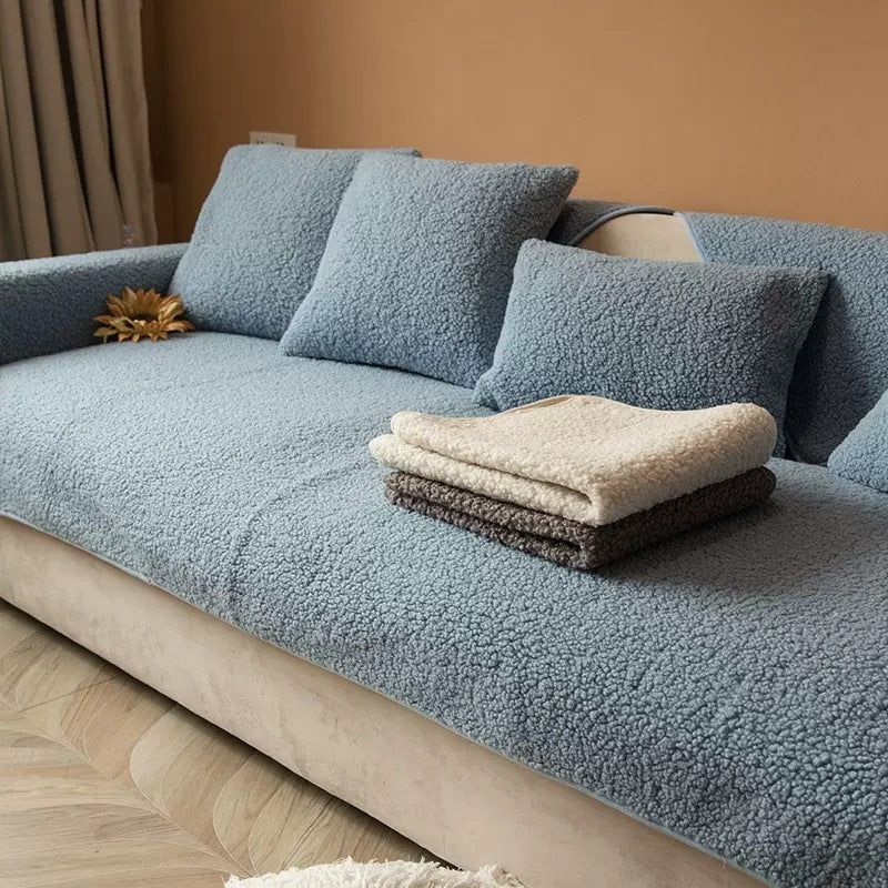 Blue plush teddy sofa cover with matching cushion covers