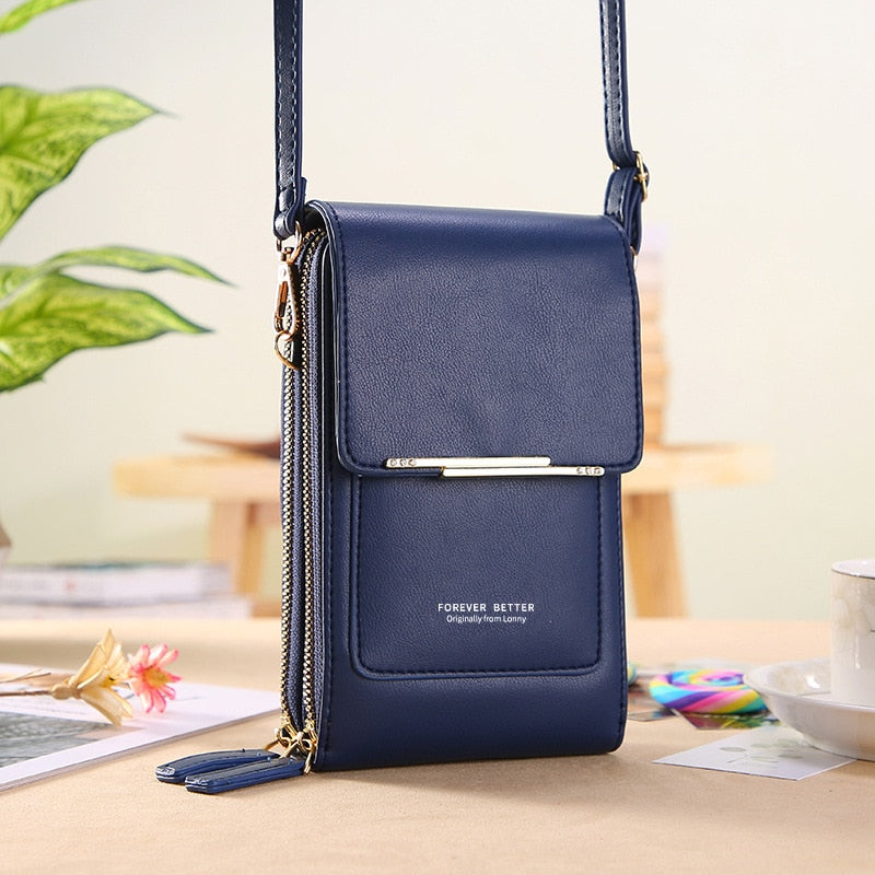 Navy blue faux leather crossbody phone bag with gold-tone detail
