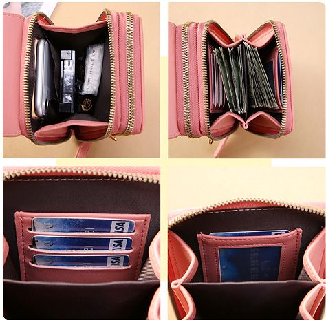 Inside view of a pink crossbody phone bag showing zipped compartments and card slots