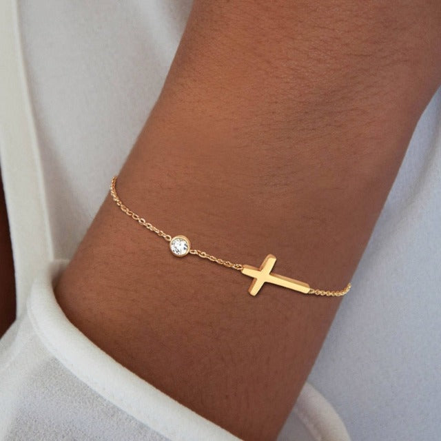 Women's Delicate Cross Bracelet with Crystal-Style Accent
