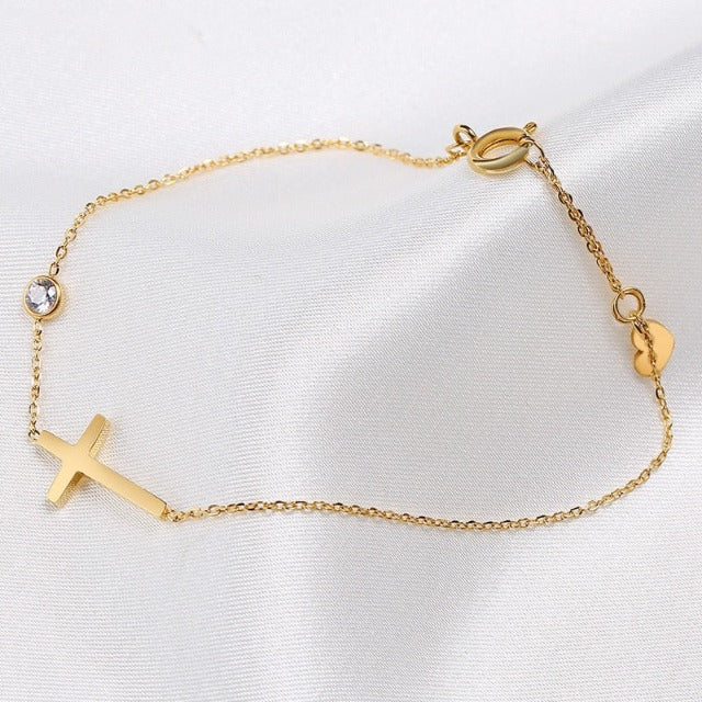 Women's Delicate Cross Bracelet with Crystal-Style Accent