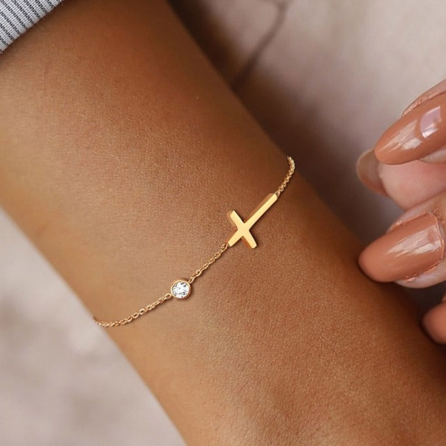Women's Delicate Cross Bracelet with Crystal-Style Accent