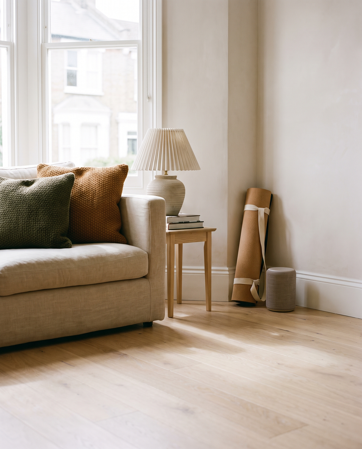 Bright living space with sofa, lamp and everyday essentials