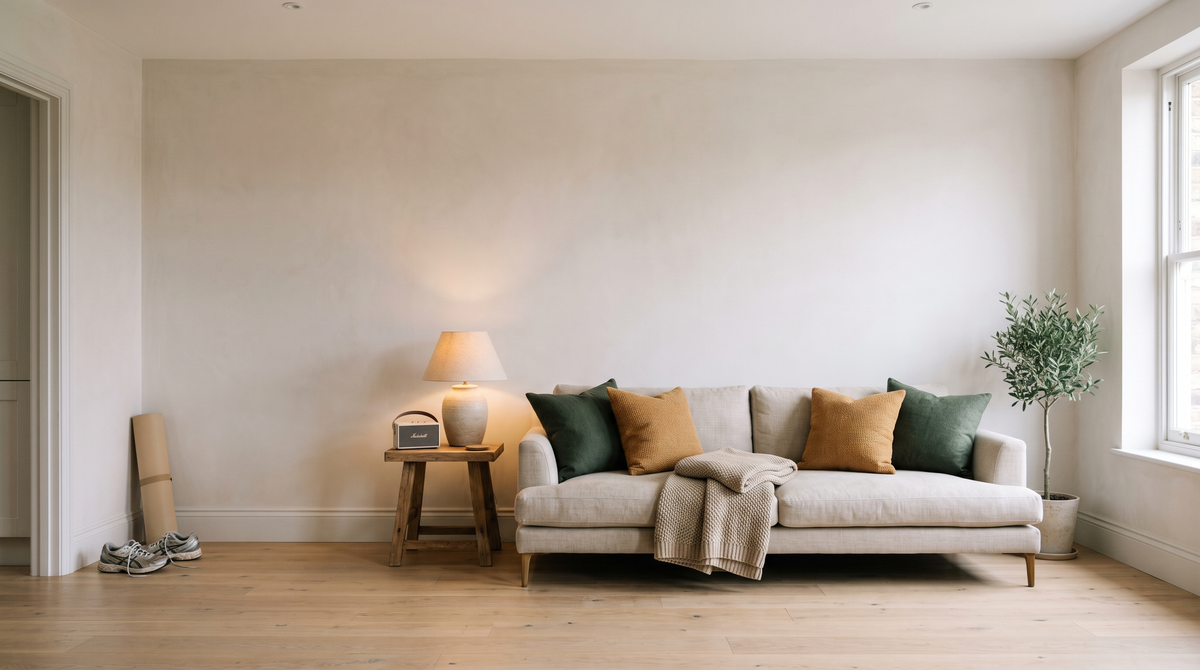 Bright modern living space with sofa, lamp and everyday essentials