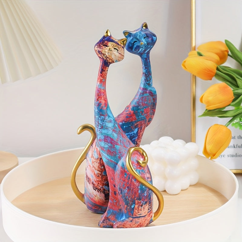 Colorful Decorative Cat Figurine Duo for Shelves and Tables