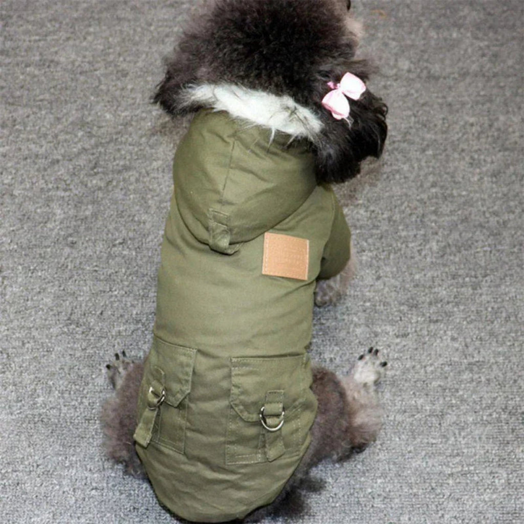 Hooded Dog Winter Coat with Faux Fur Trim