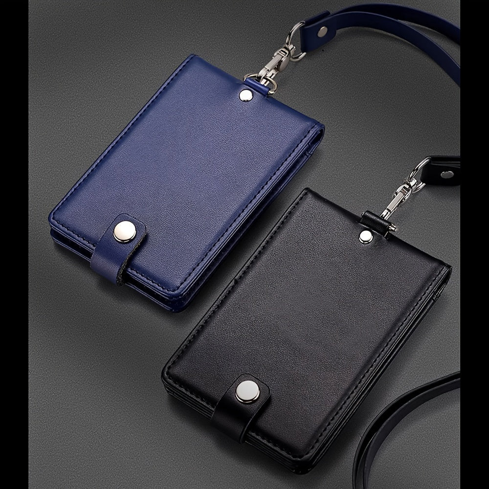 Leather ID Card Holder with Clear Window and Lanyard