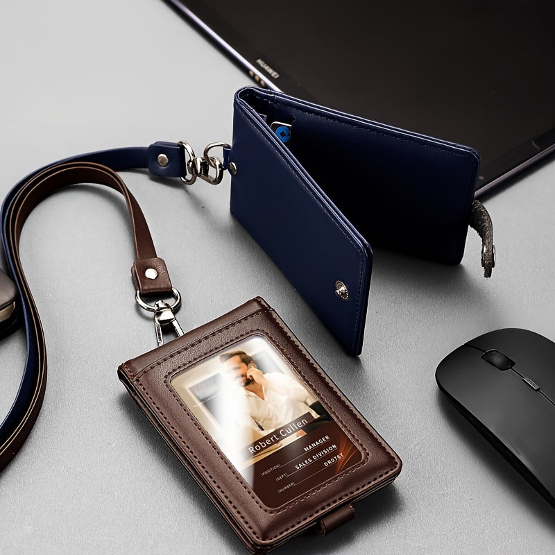 Leather ID Card Holder with Clear Window and Lanyard