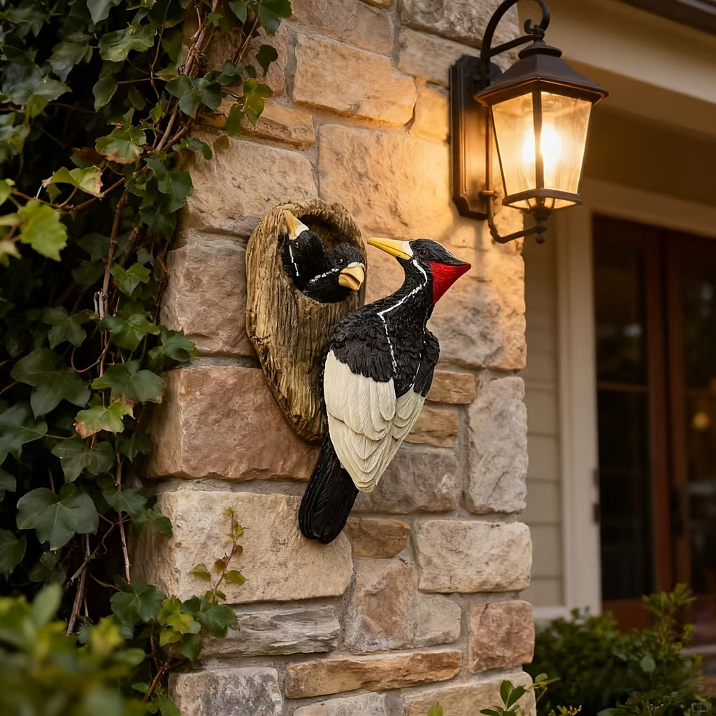 Woodpecker and Nest Wall Sculpture for Garden Decor