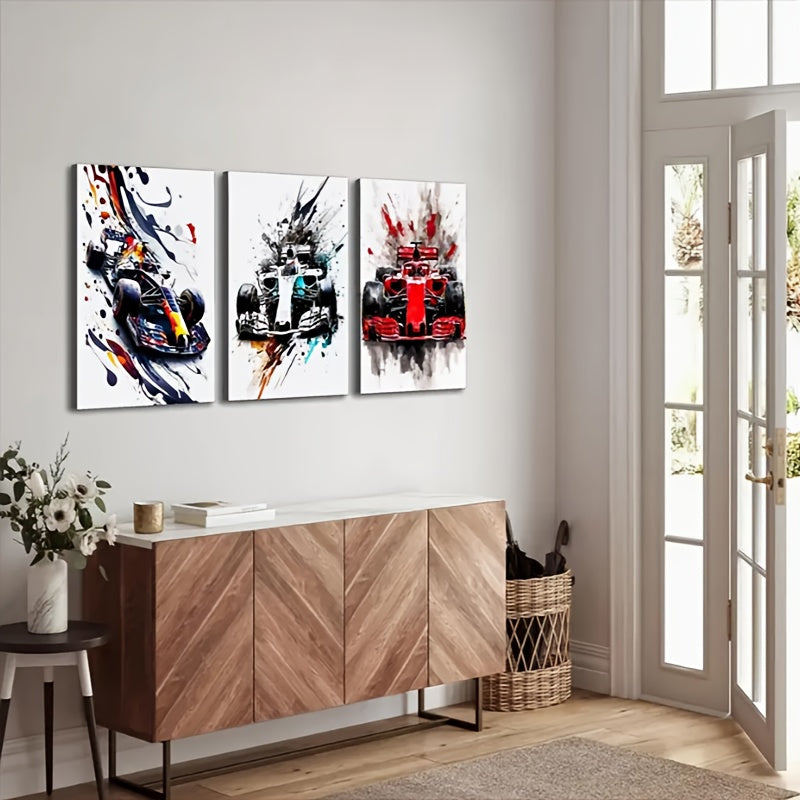 3-Piece Frameless Canvas Wall Art Set with Race Car Prints