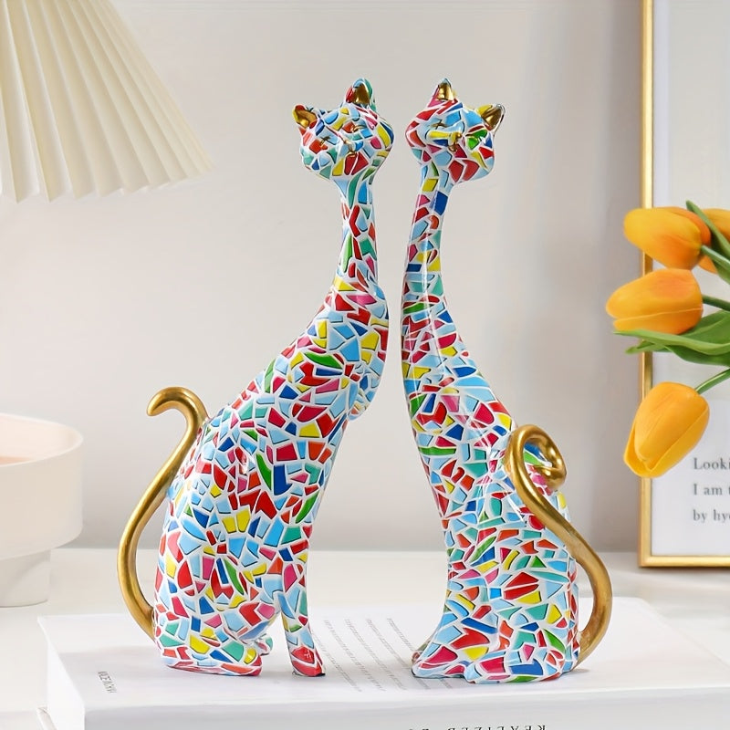 Colorful Decorative Cat Figurine Duo for Shelves and Tables